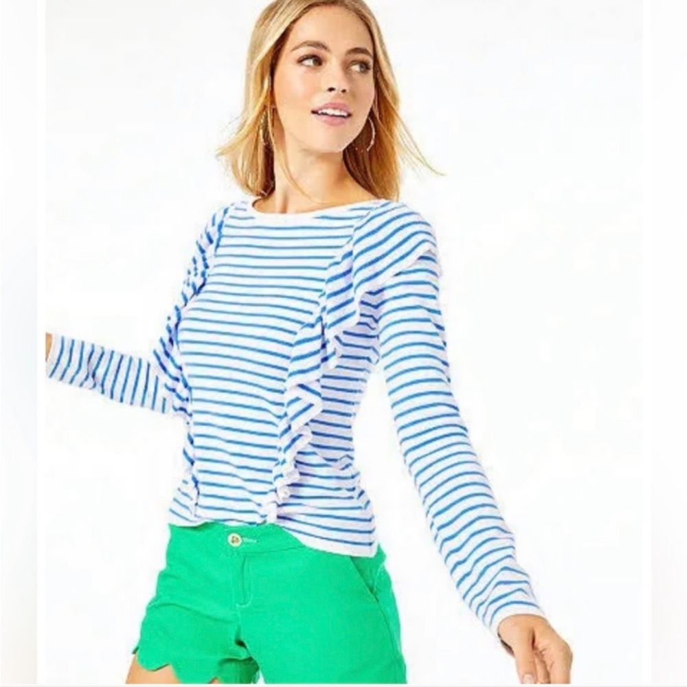 Lilly Pulitzer Ruth Striped Ruffle Sweater Blue White Medium